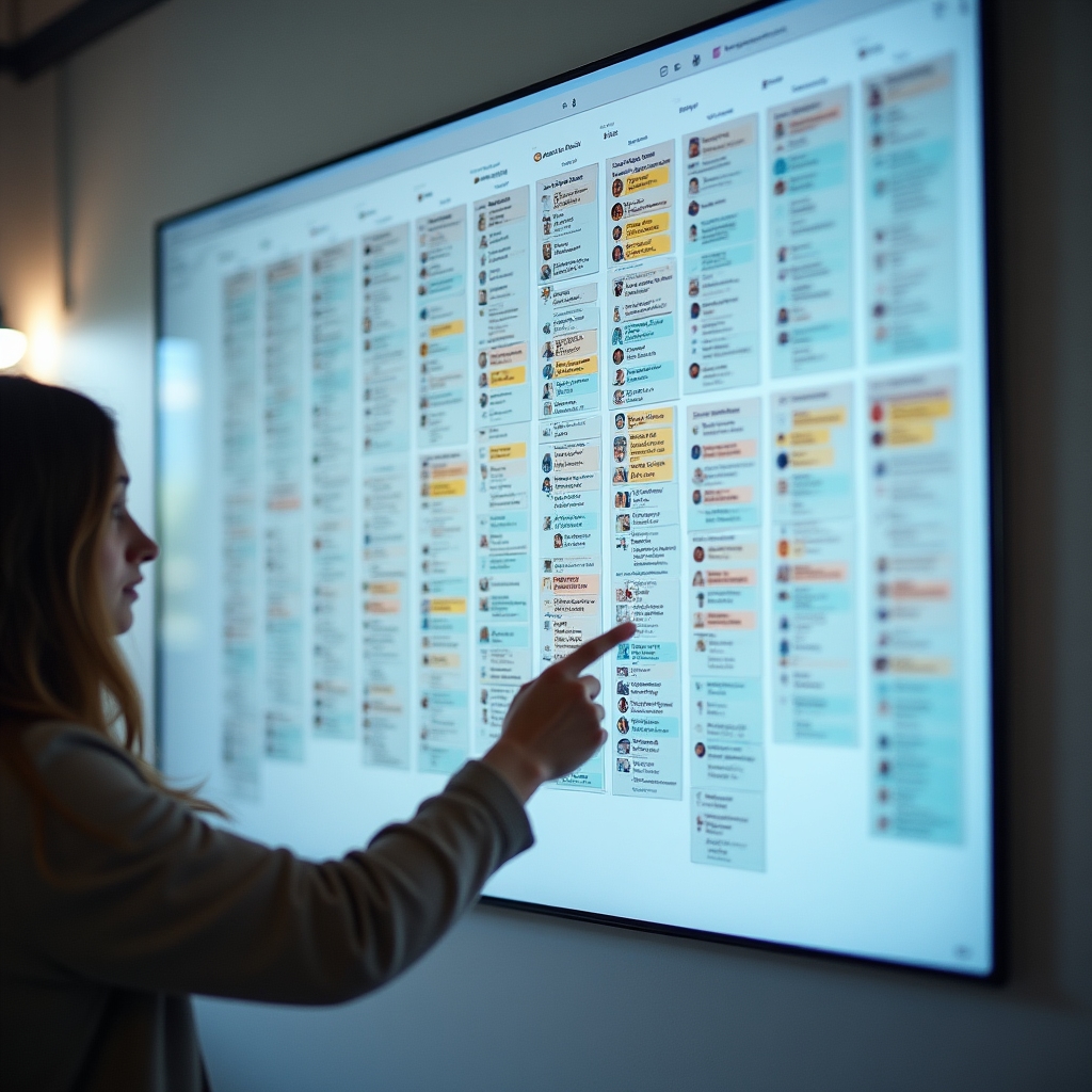 Übersicht eines strukturierten Kanban-Boards für asynchrone Teamarbeit