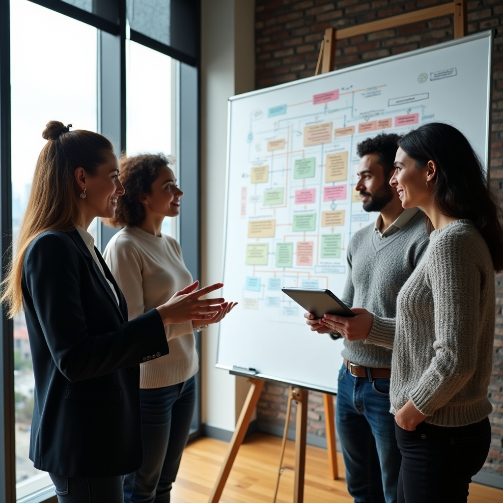 Team bespricht Kommunikationsleitfaden am Whiteboard